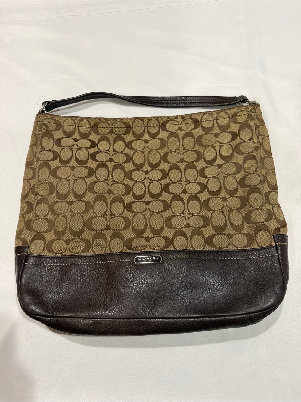 Coach Tan Signature Canvas Shoulder Bag with Brown Leather Trim